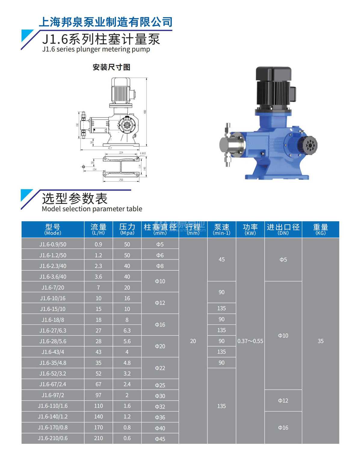 J1.6 Plunger type metering pump J1.6柱塞式計量泵